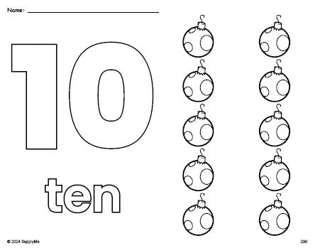 Free printable ornament Christmas coloring page and counting worksheet, number 10 coloring page for preschool, pre-k, and kindergarten