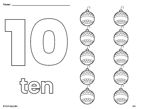 Free printable ornament Christmas coloring page and counting worksheet, number 10 coloring page for preschool, pre-k, and kindergarten