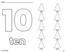 Free printable pine tree winter coloring page and counting worksheet, number 10 coloring page for preschool, pre-k, and kindergarten