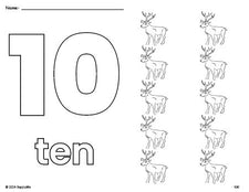 Free printable reindeer Christmas coloring page and counting worksheet, number 10 coloring page for preschool, pre-k, and kindergarten