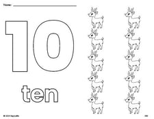 Free printable reindeer Christmas coloring page and counting worksheet, number 10 coloring page for preschool, pre-k, and kindergarten