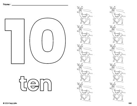 Free printable reindeer Christmas coloring page and counting worksheet, number 10 coloring page for preschool, pre-k, and kindergarten