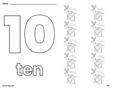 Free printable reindeer Christmas coloring page and counting worksheet, number 10 coloring page for preschool, pre-k, and kindergarten