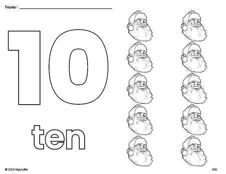 Free printable Santa Christmas coloring page and counting worksheet, number 10 coloring page for preschool, pre-k, and kindergarten