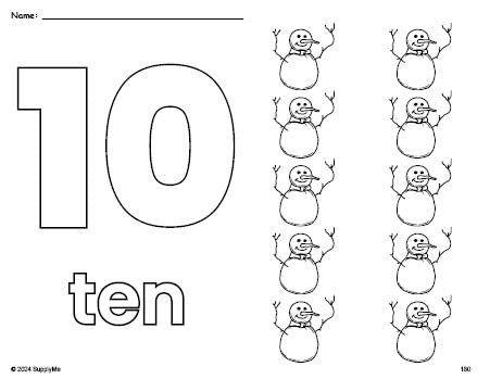 Free printable snowman winter coloring page and counting worksheet, number 10 coloring page for preschool, pre-k, and kindergarten