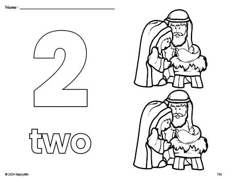 Free printable Baby Jesus Christmas coloring page and counting worksheet, number 2 coloring page for preschool, pre-k, and kindergarten