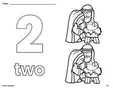 Free printable Baby Jesus Christmas coloring page and counting worksheet, number 2 coloring page for preschool, pre-k, and kindergarten