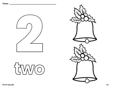 Free printable bell Christmas coloring page and counting worksheet, number 2 coloring page for preschool, pre-k, and kindergarten