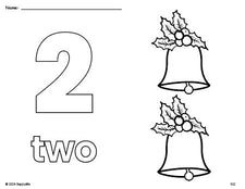 Free printable bell Christmas coloring page and counting worksheet, number 2 coloring page for preschool, pre-k, and kindergarten