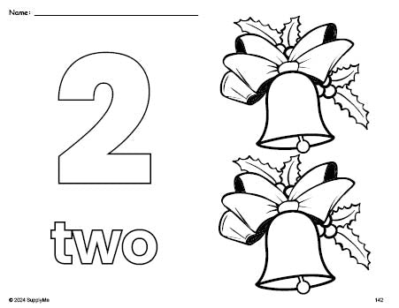 Free printable bell Christmas coloring page and counting worksheet, number 2 coloring page for preschool, pre-k, and kindergarten