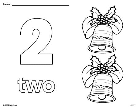 Free printable bell Christmas coloring page and counting worksheet, number 2 coloring page for preschool, pre-k, and kindergarten