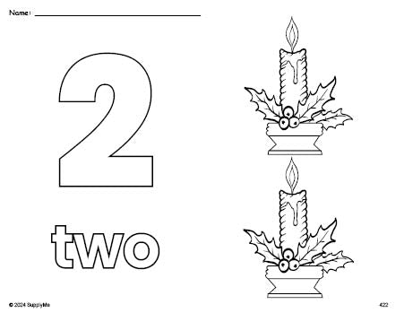 Free printable candle Christmas coloring page and counting worksheet, number 2 coloring page for preschool, pre-k, and kindergarten