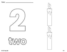 Free printable candle Christmas coloring page and counting worksheet, number 2 coloring page for preschool, pre-k, and kindergarten