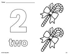 Free printable candy cane Christmas coloring page and counting worksheet, number 2 coloring page for preschool, pre-k, and kindergarten