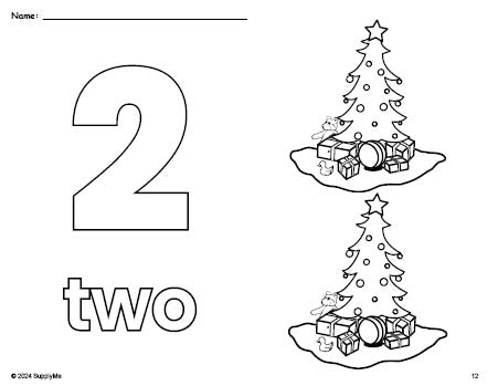 Free printable Christmas tree Christmas coloring page and counting worksheet, number 2 coloring page for preschool, pre-k, and kindergarten