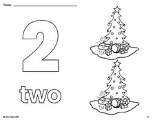 Free printable Christmas tree Christmas coloring page and counting worksheet, number 2 coloring page for preschool, pre-k, and kindergarten