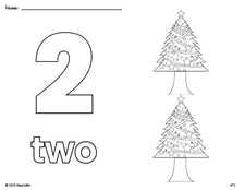 Free printable Christmas tree Christmas coloring page and counting worksheet, number 2 coloring page for preschool, pre-k, and kindergarten