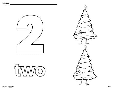 Free printable Christmas tree Christmas coloring page and counting worksheet, number 2 coloring page for preschool, pre-k, and kindergarten