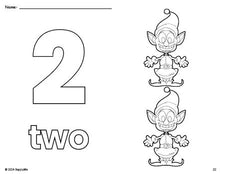 Free printable elf Christmas coloring page and counting worksheet, number 2 coloring page for preschool, pre-k, and kindergarten