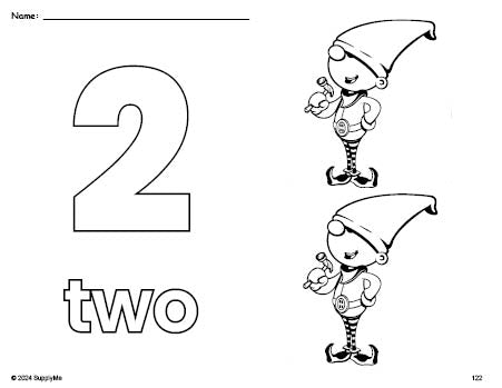 Free printable elf Christmas coloring page and counting worksheet, number 2 coloring page for preschool, pre-k, and kindergarten