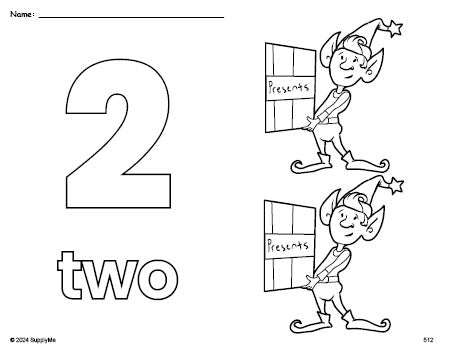 Free printable elf Christmas coloring page and counting worksheet, number 2 coloring page for preschool, pre-k, and kindergarten