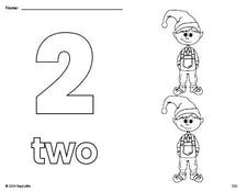 Free printable elf Christmas coloring page and counting worksheet, number 2 coloring page for preschool, pre-k, and kindergarten