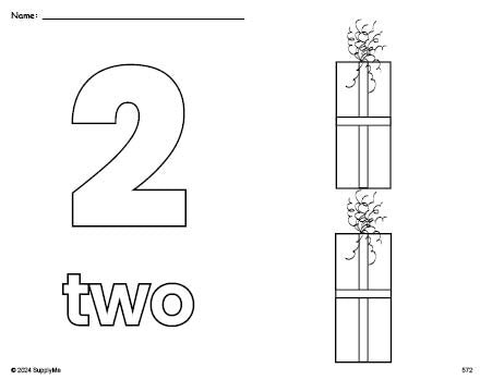 Free printable gift Christmas coloring page and counting worksheet, number 2 coloring page for preschool, pre-k, and kindergarten