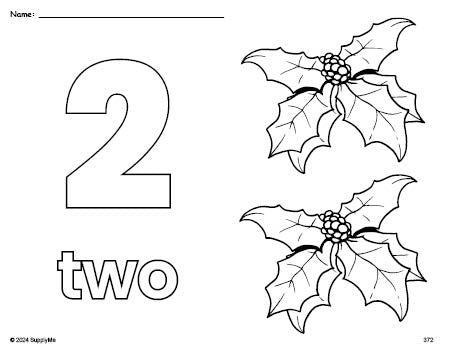 Free printable holly Christmas coloring page and counting worksheet, number 2 coloring page for preschool, pre-k, and kindergarten