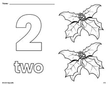 Free printable holly Christmas coloring page and counting worksheet, number 2 coloring page for preschool, pre-k, and kindergarten