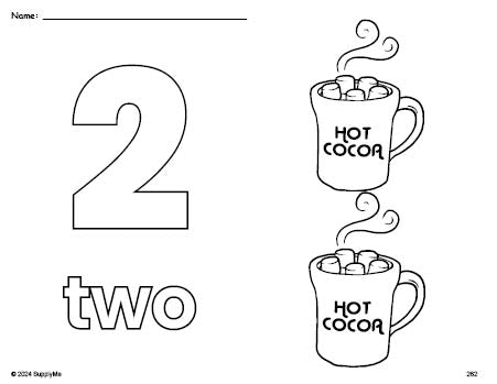 Free printable hot chocolate winter coloring page and counting worksheet, number 2 coloring page for preschool, pre-k, and kindergarten