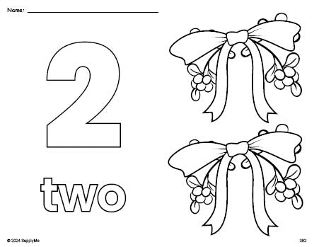 Free printable mistletoe Christmas coloring page and counting worksheet, number 2 coloring page for preschool, pre-k, and kindergarten