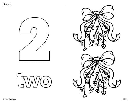 Free printable mistletoe Christmas coloring page and counting worksheet, number 2 coloring page for preschool, pre-k, and kindergarten