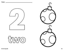 Free printable ornament Christmas coloring page and counting worksheet, number 2 coloring page for preschool, pre-k, and kindergarten