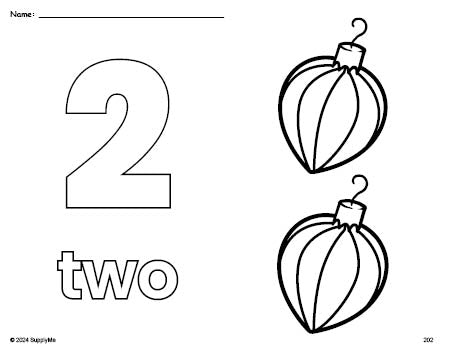 Free printable ornament Christmas coloring page and counting worksheet, number 2 coloring page for preschool, pre-k, and kindergarten