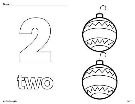 Free printable ornament Christmas coloring page and counting worksheet, number 2 coloring page for preschool, pre-k, and kindergarten