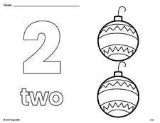 Free printable ornament Christmas coloring page and counting worksheet, number 2 coloring page for preschool, pre-k, and kindergarten