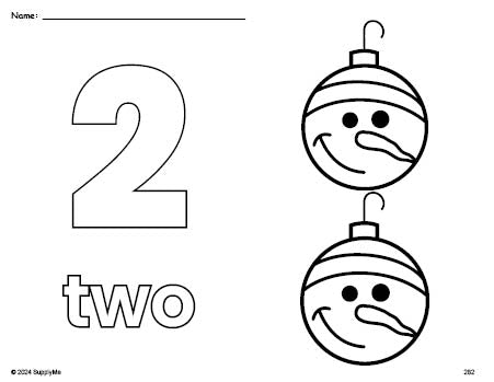 Free printable ornament Christmas coloring page and counting worksheet, number 2 coloring page for preschool, pre-k, and kindergarten