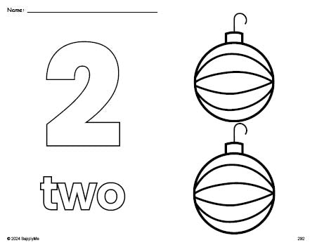 Free printable ornament Christmas coloring page and counting worksheet, number 2 coloring page for preschool, pre-k, and kindergarten