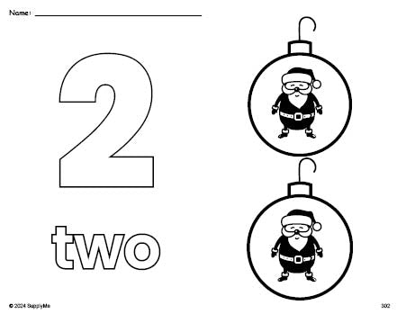 Free printable ornament Christmas coloring page and counting worksheet, number 2 coloring page for preschool, pre-k, and kindergarten