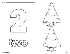 Free printable pine tree winter coloring page and counting worksheet, number 2 coloring page for preschool, pre-k, and kindergarten