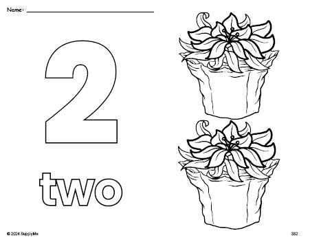 Free printable poinsettia Christmas coloring page and counting worksheet, number 2 coloring page for preschool, pre-k, and kindergarten