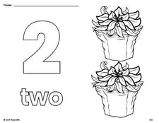 Free printable poinsettia Christmas coloring page and counting worksheet, number 2 coloring page for preschool, pre-k, and kindergarten