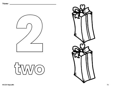 Free printable present Christmas coloring page and counting worksheet, number 2 coloring page for preschool, pre-k, and kindergarten