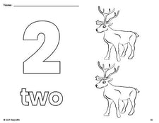 Free printable reindeer Christmas coloring page and counting worksheet, number 2 coloring page for preschool, pre-k, and kindergarten