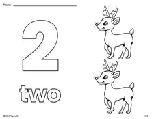 Free printable reindeer Christmas coloring page and counting worksheet, number 2 coloring page for preschool, pre-k, and kindergarten