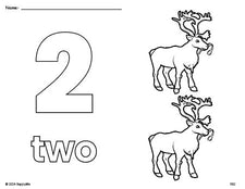 Free printable reindeer Christmas coloring page and counting worksheet, number 2 coloring page for preschool, pre-k, and kindergarten