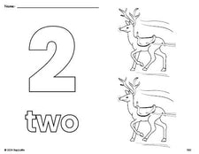 Free printable reindeer Christmas coloring page and counting worksheet, number 2 coloring page for preschool, pre-k, and kindergarten