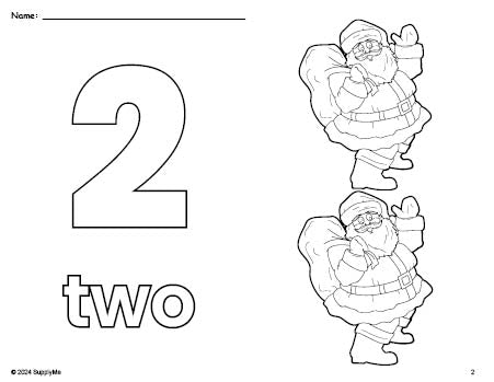 Free printable Santa Christmas coloring page and counting worksheet, number 2 coloring page for preschool, pre-k, and kindergarten