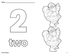 Free printable Santa Christmas coloring page and counting worksheet, number 2 coloring page for preschool, pre-k, and kindergarten