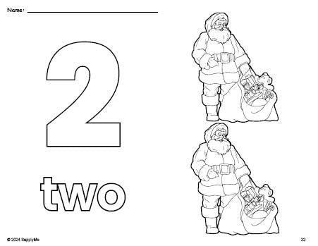 Free printable Santa Christmas coloring page and counting worksheet, number 2 coloring page for preschool, pre-k, and kindergarten